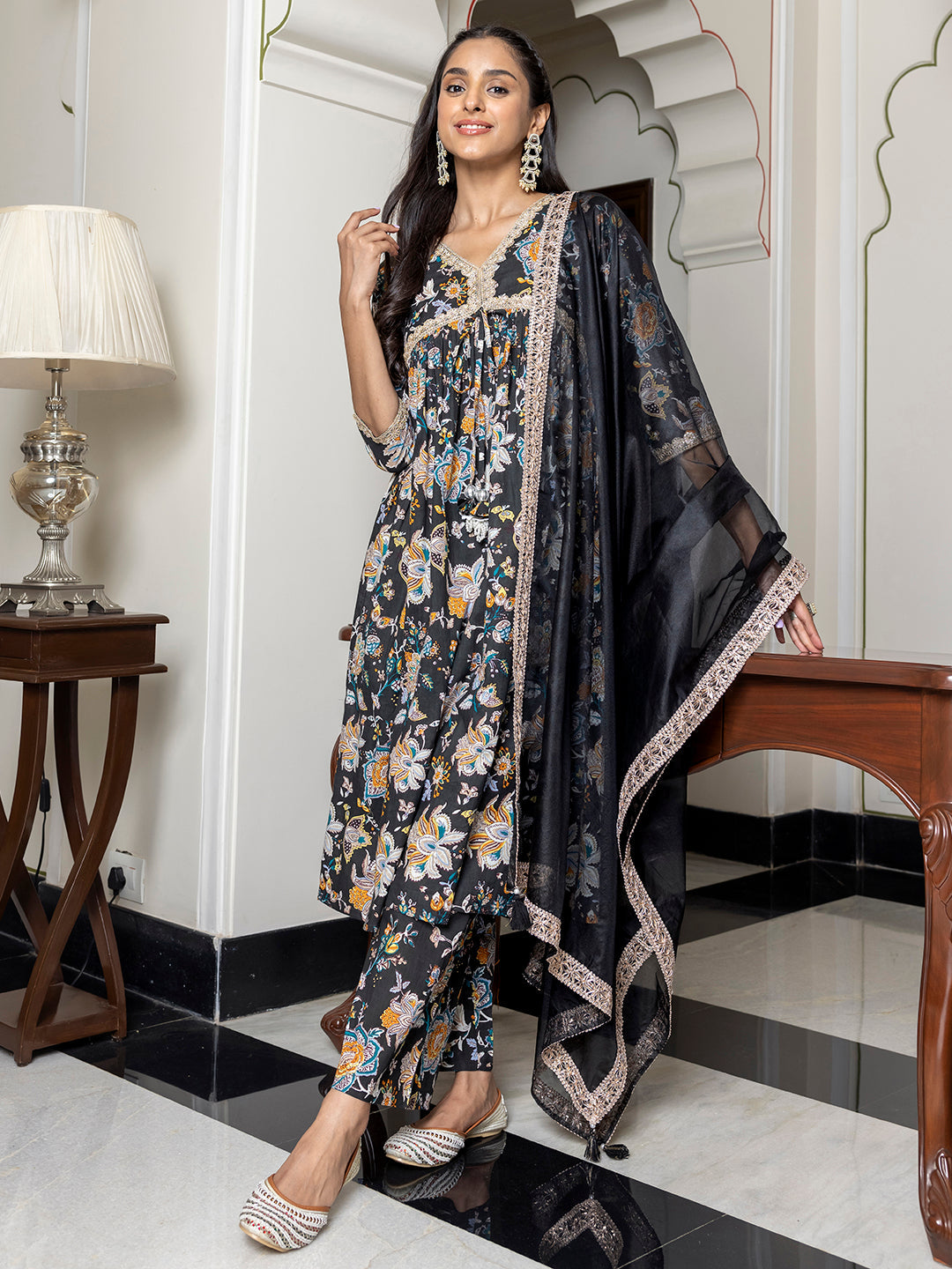 Janasya Women's Black Cotton Embellished Festive Empire Kurta Set | Grocsy