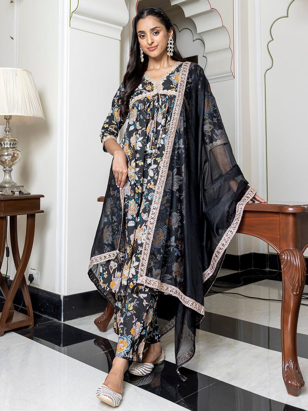 Janasya Women's Black Cotton Embellished Festive Empire Kurta Set | Grocsy