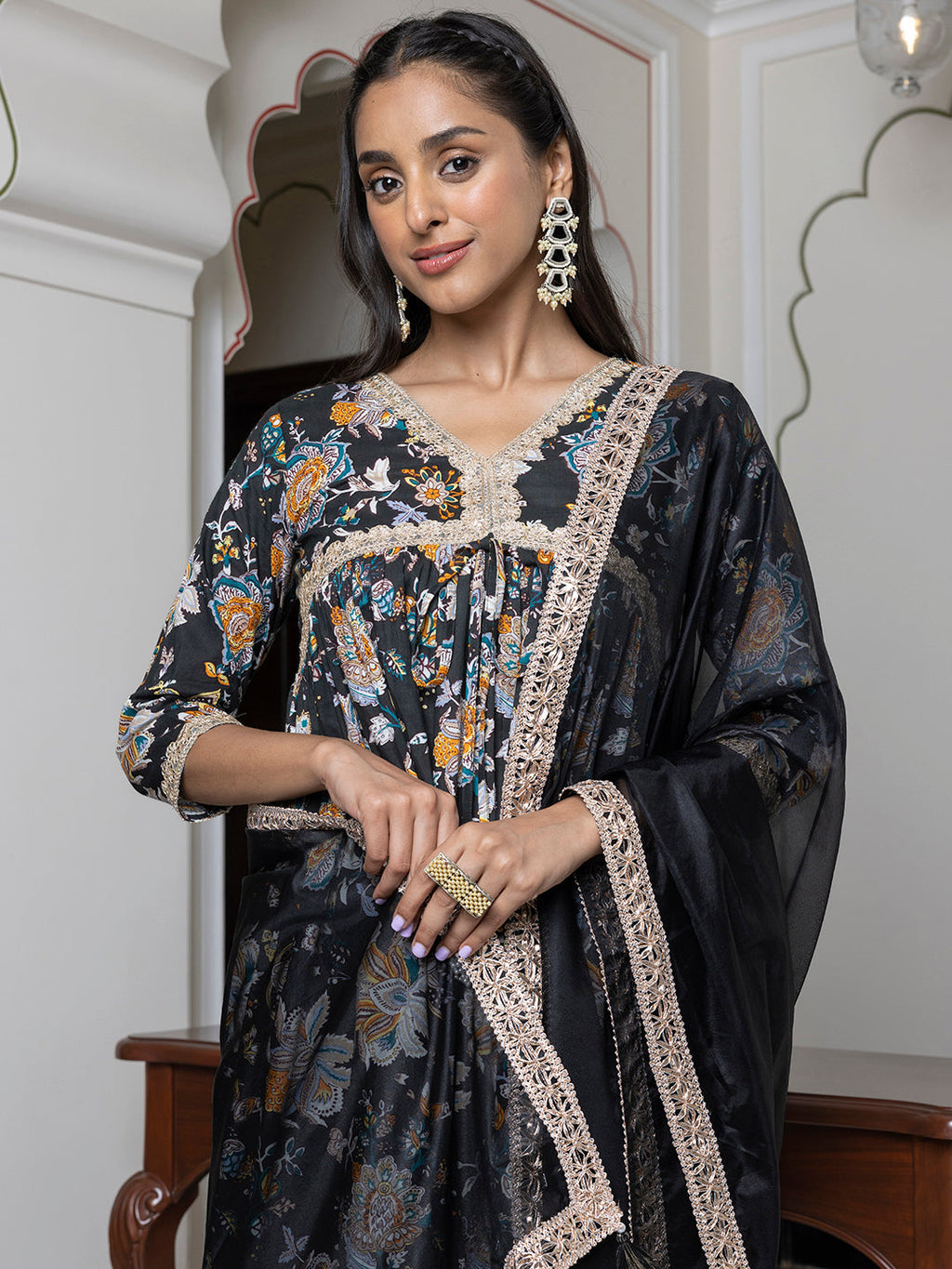 Janasya Women's Black Cotton Embellished Festive Empire Kurta Set | Grocsy