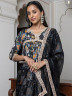 Janasya Women's Black Cotton Embellished Festive Empire Kurta Set | Grocsy