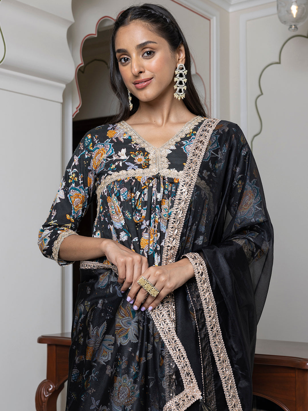 Janasya Women's Black Cotton Embellished Festive Empire Kurta Set | Grocsy