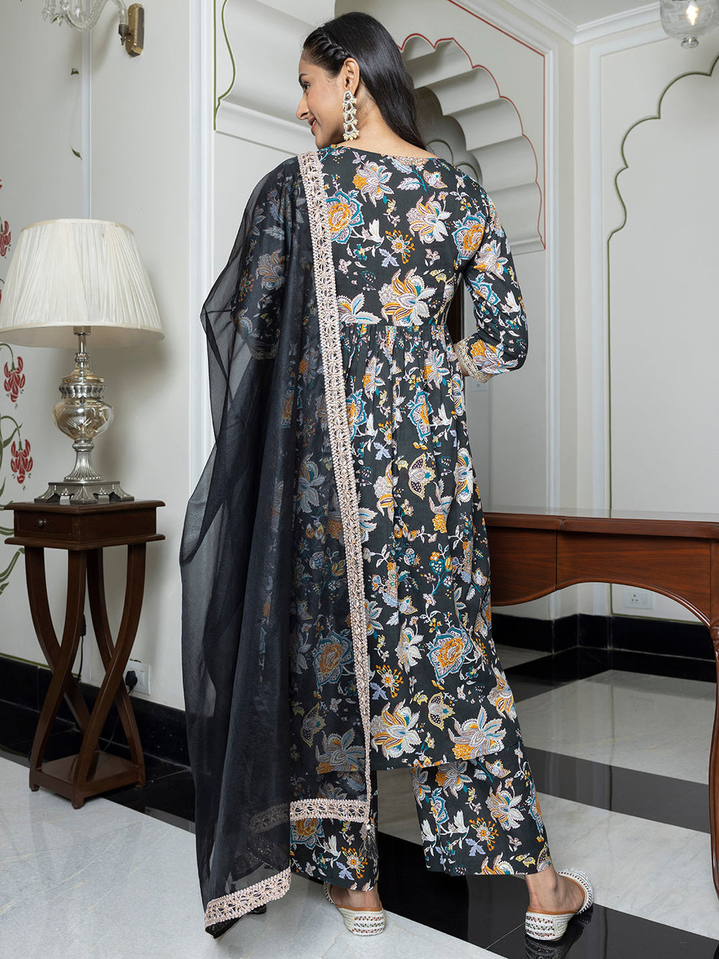 Janasya Women's Black Cotton Embellished Festive Empire Kurta Set | Grocsy