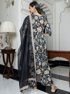 Janasya Women's Black Cotton Embellished Festive Empire Kurta Set | Grocsy