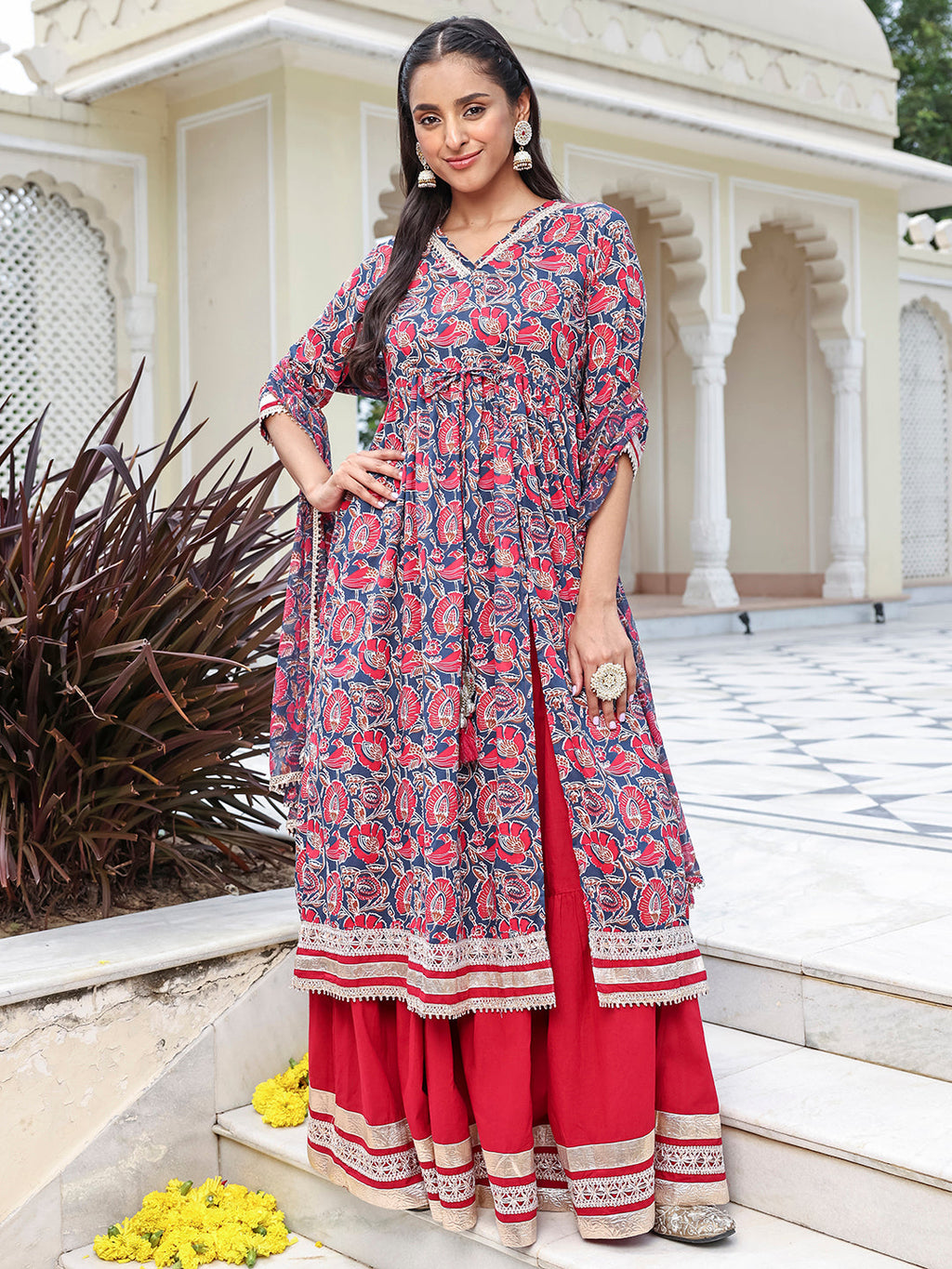 Janasya Women's Blue Cotton Floral Printed Festive Front Slit Kurta Set | Grocsy