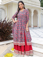Janasya Women's Blue Cotton Floral Printed Festive Front Slit Kurta Set | Grocsy
