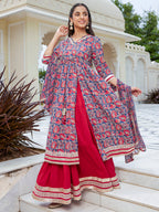 Janasya Women's Blue Cotton Floral Printed Festive Front Slit Kurta Set | Grocsy