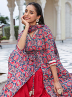 Janasya Women's Blue Cotton Floral Printed Festive Front Slit Kurta Set | Grocsy