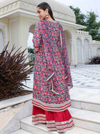 Janasya Women's Blue Cotton Floral Printed Festive Front Slit Kurta Set | Grocsy