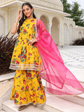 Janasya Women's Yellow Cotton Embellished Festive Flared Short Kurta Set | Grocsy
