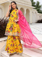 Janasya Women's Yellow Cotton Embellished Festive Flared Short Kurta Set | Grocsy