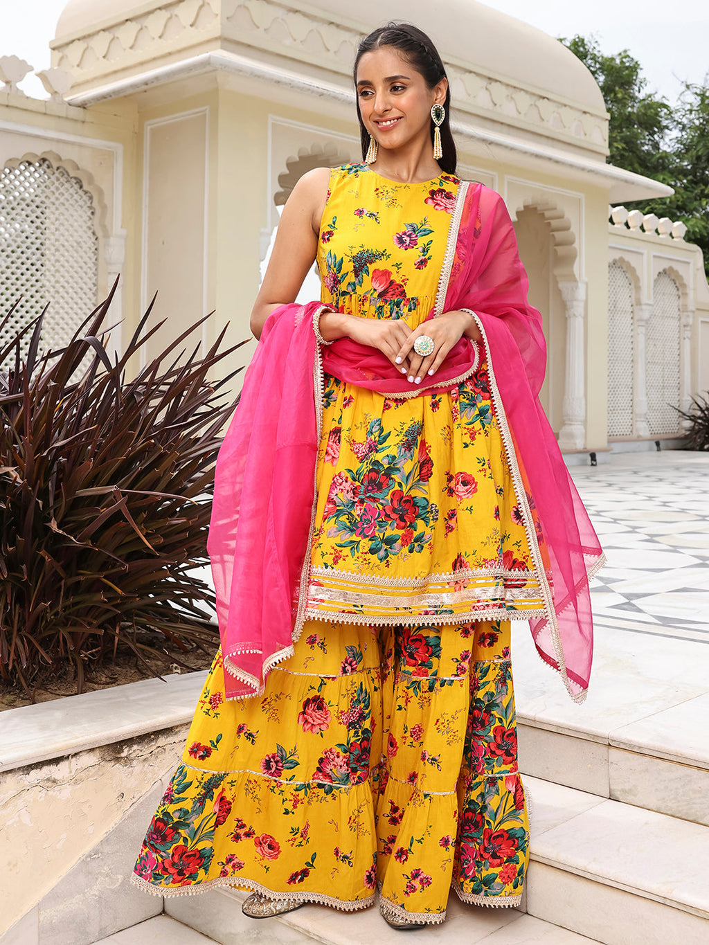 Janasya Women's Yellow Cotton Embellished Festive Flared Short Kurta Set | Grocsy