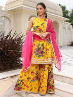 Janasya Women's Yellow Cotton Embellished Festive Flared Short Kurta Set | Grocsy