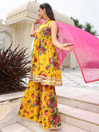 Janasya Women's Yellow Cotton Embellished Festive Flared Short Kurta Set | Grocsy