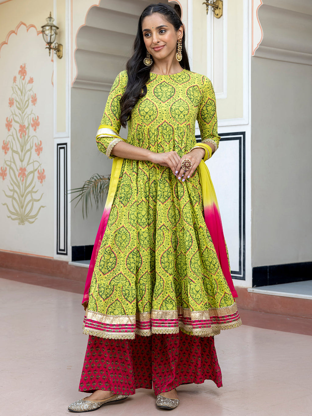 Janasya Women's Lime Green Cotton Embellished Floral Printed Festive Anarkali Kurta Set | Grocsy