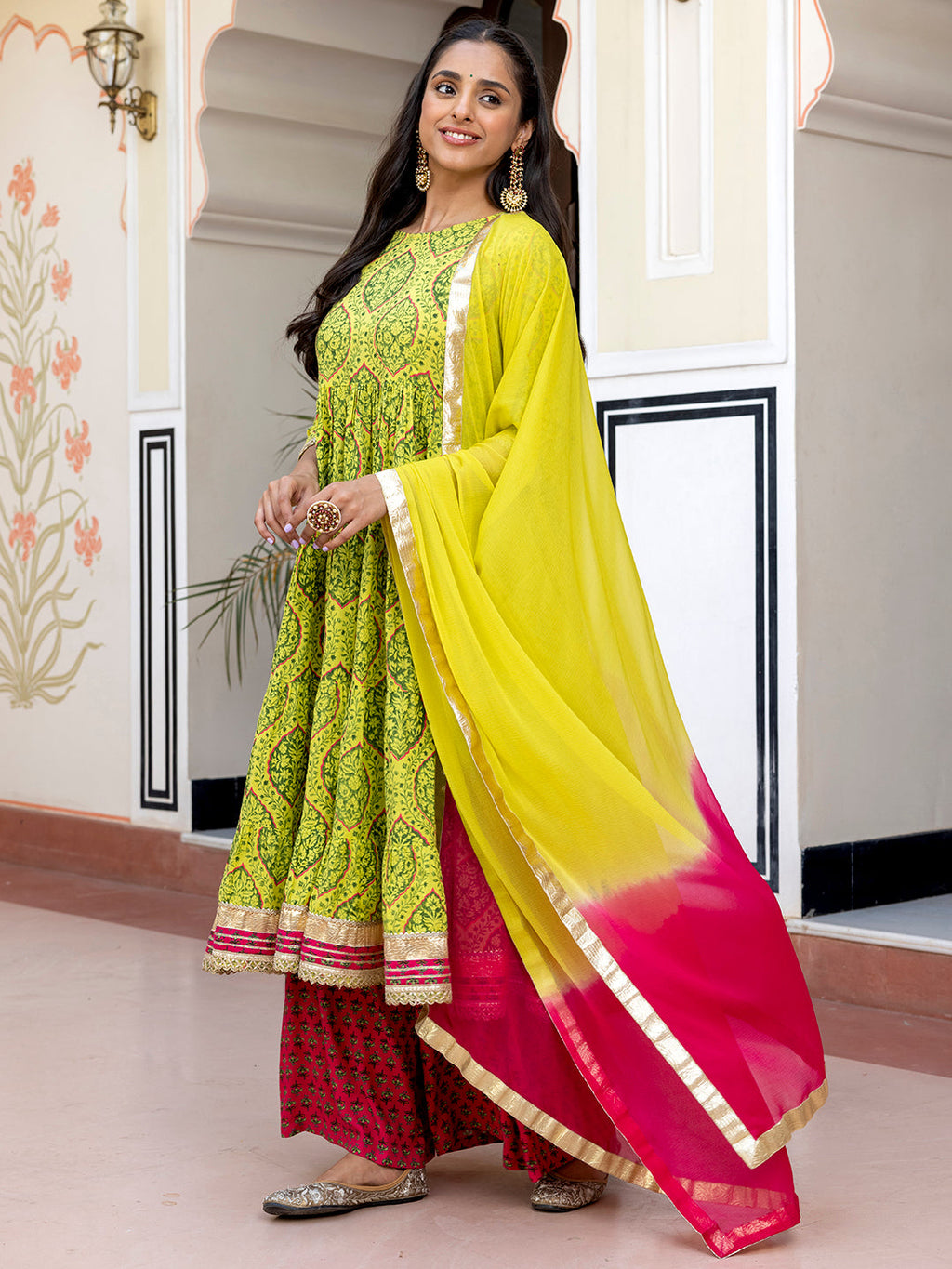 Janasya Women's Lime Green Cotton Embellished Floral Printed Festive Anarkali Kurta Set | Grocsy