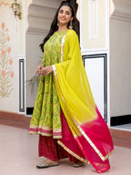 Janasya Women's Lime Green Cotton Embellished Floral Printed Festive Anarkali Kurta Set | Grocsy