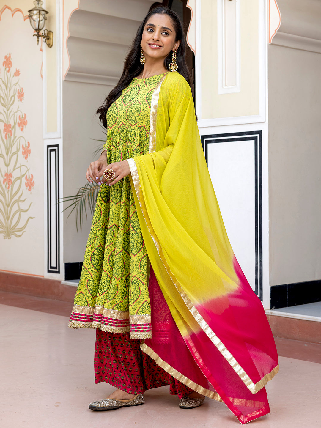 Janasya Women's Lime Green Cotton Embellished Floral Printed Festive Anarkali Kurta Set | Grocsy