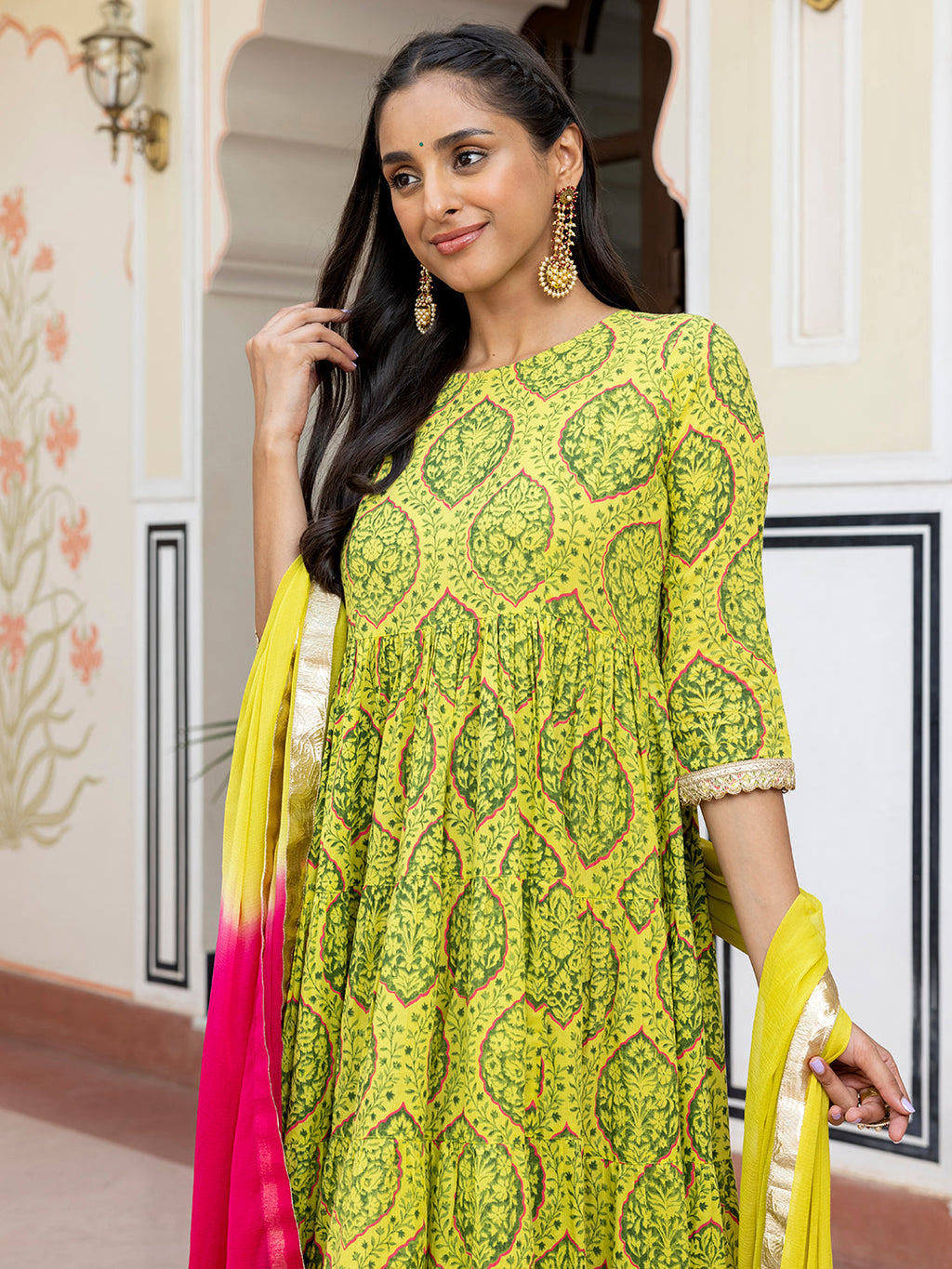 Janasya Women's Lime Green Cotton Embellished Floral Printed Festive Anarkali Kurta Set | Grocsy