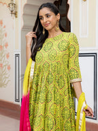 Janasya Women's Lime Green Cotton Embellished Floral Printed Festive Anarkali Kurta Set | Grocsy