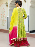 Janasya Women's Lime Green Cotton Embellished Floral Printed Festive Anarkali Kurta Set | Grocsy