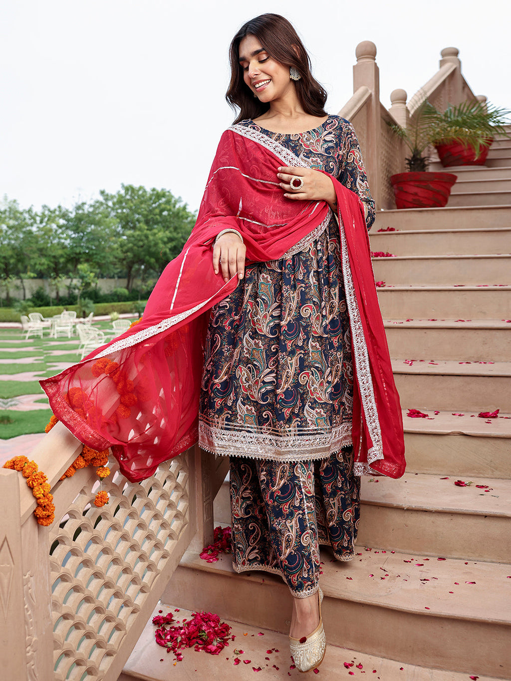Janasya Women's Navy Blue Cotton Ethnic Printed Festive Flared Kurta Set | Grocsy
