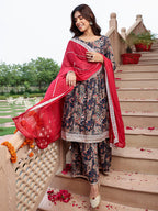Janasya Women's Navy Blue Cotton Ethnic Printed Festive Flared Kurta Set | Grocsy