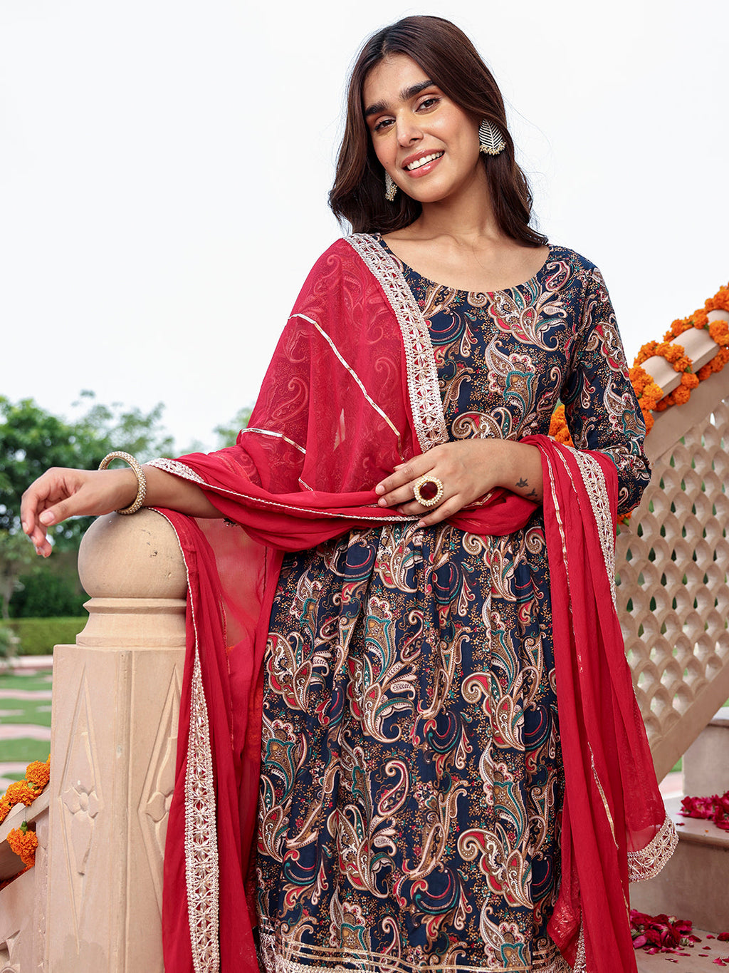 Janasya Women's Navy Blue Cotton Ethnic Printed Festive Flared Kurta Set | Grocsy