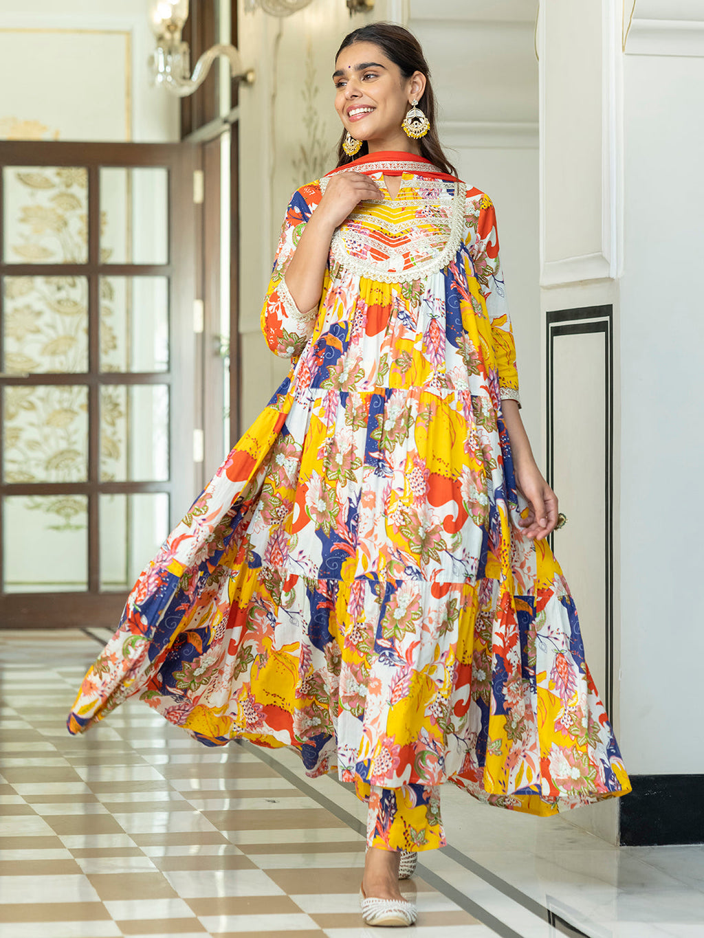 Janasya Women's Multicolor Cotton Embellished Floral Printed Festive Anarkali Kurta Set | Grocsy