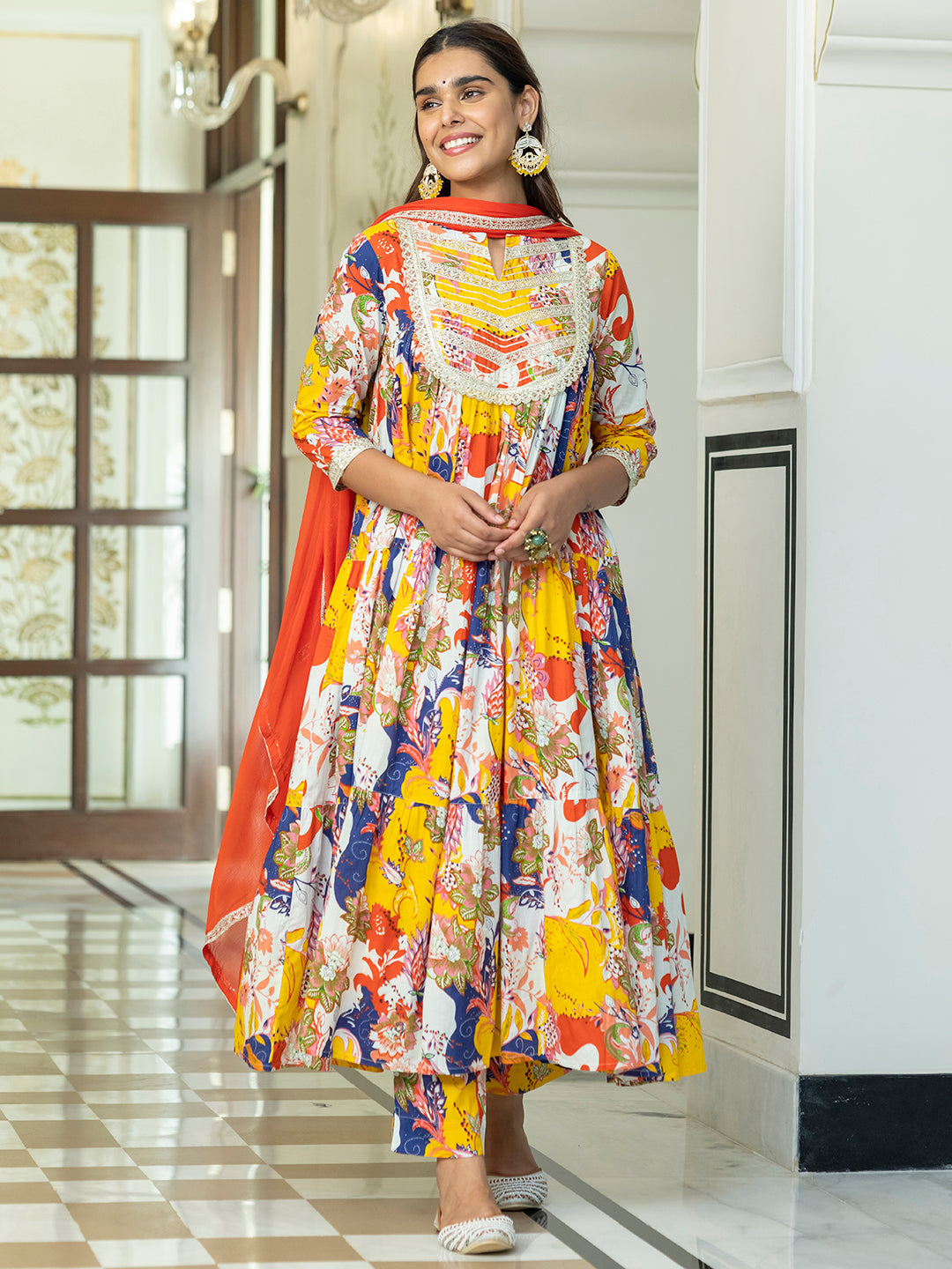 Janasya Women's Multicolor Cotton Embellished Floral Printed Festive Anarkali Kurta Set | Grocsy