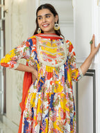 Janasya Women's Multicolor Cotton Embellished Floral Printed Festive Anarkali Kurta Set | Grocsy