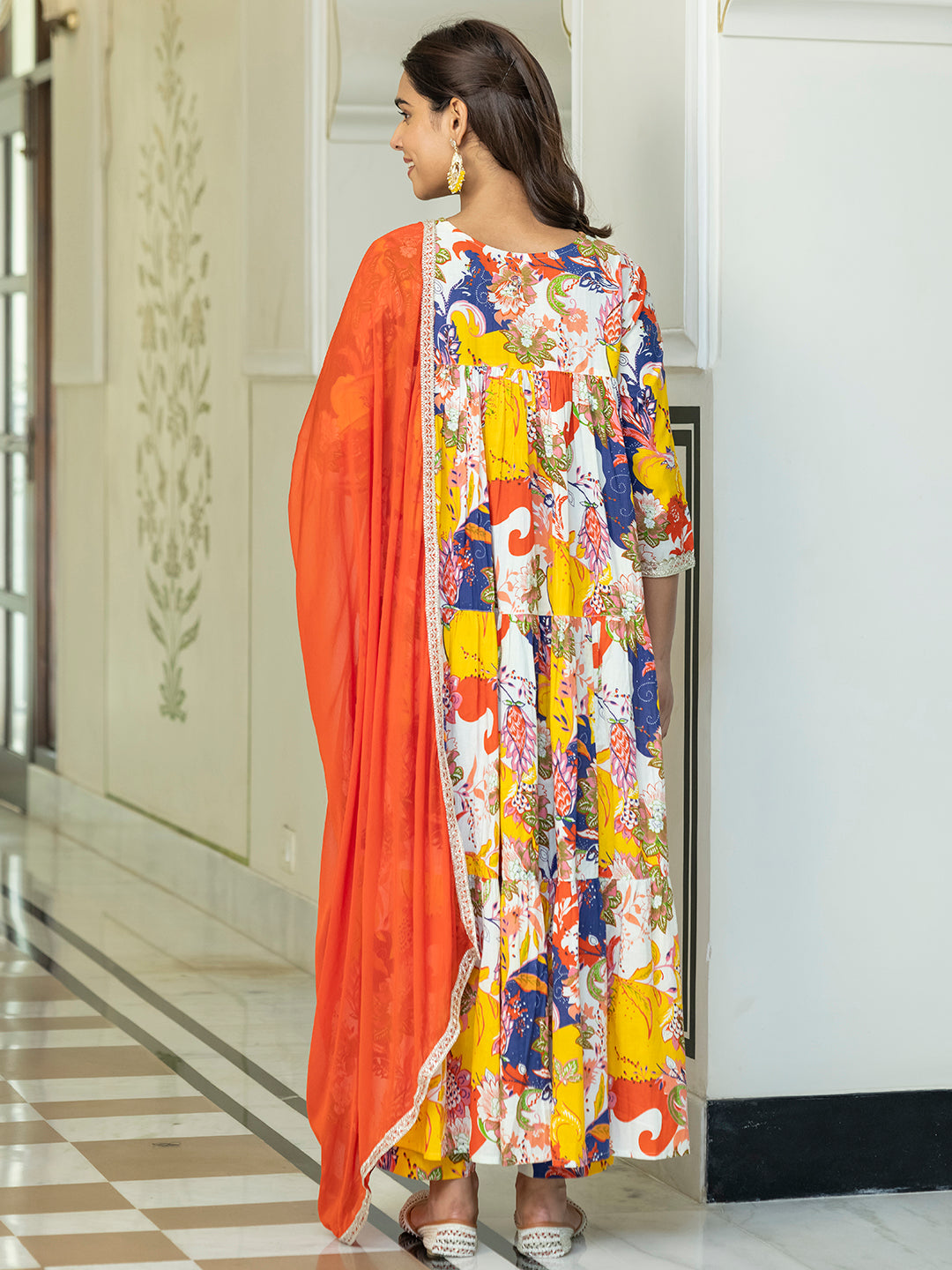 Janasya Women's Multicolor Cotton Embellished Floral Printed Festive Anarkali Kurta Set | Grocsy