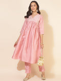 Janasya Pink Crepe Silk Yoke Embroidery Set | Grocsy