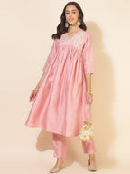 Janasya Pink Crepe Silk Yoke Embroidery Set | Grocsy