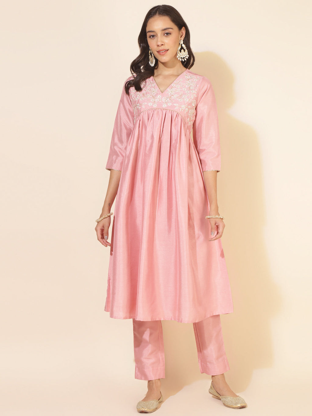 Janasya Pink Crepe Silk Yoke Embroidery Set | Grocsy