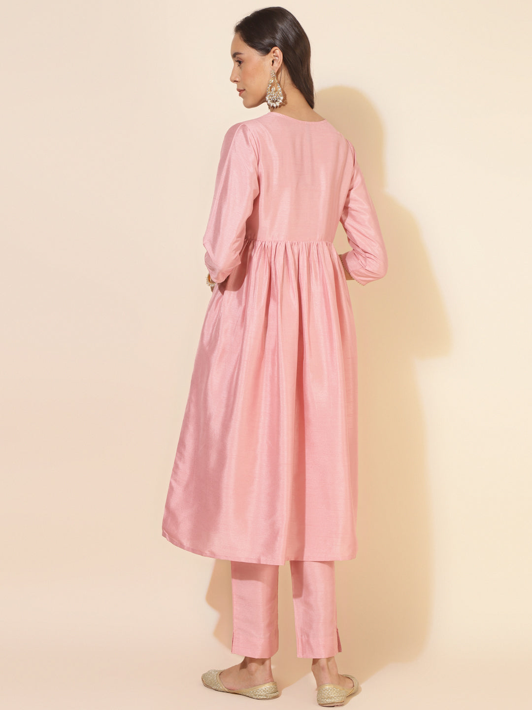Janasya Pink Crepe Silk Yoke Embroidery Set | Grocsy