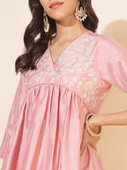 Janasya Pink Crepe Silk Yoke Embroidery Set | Grocsy