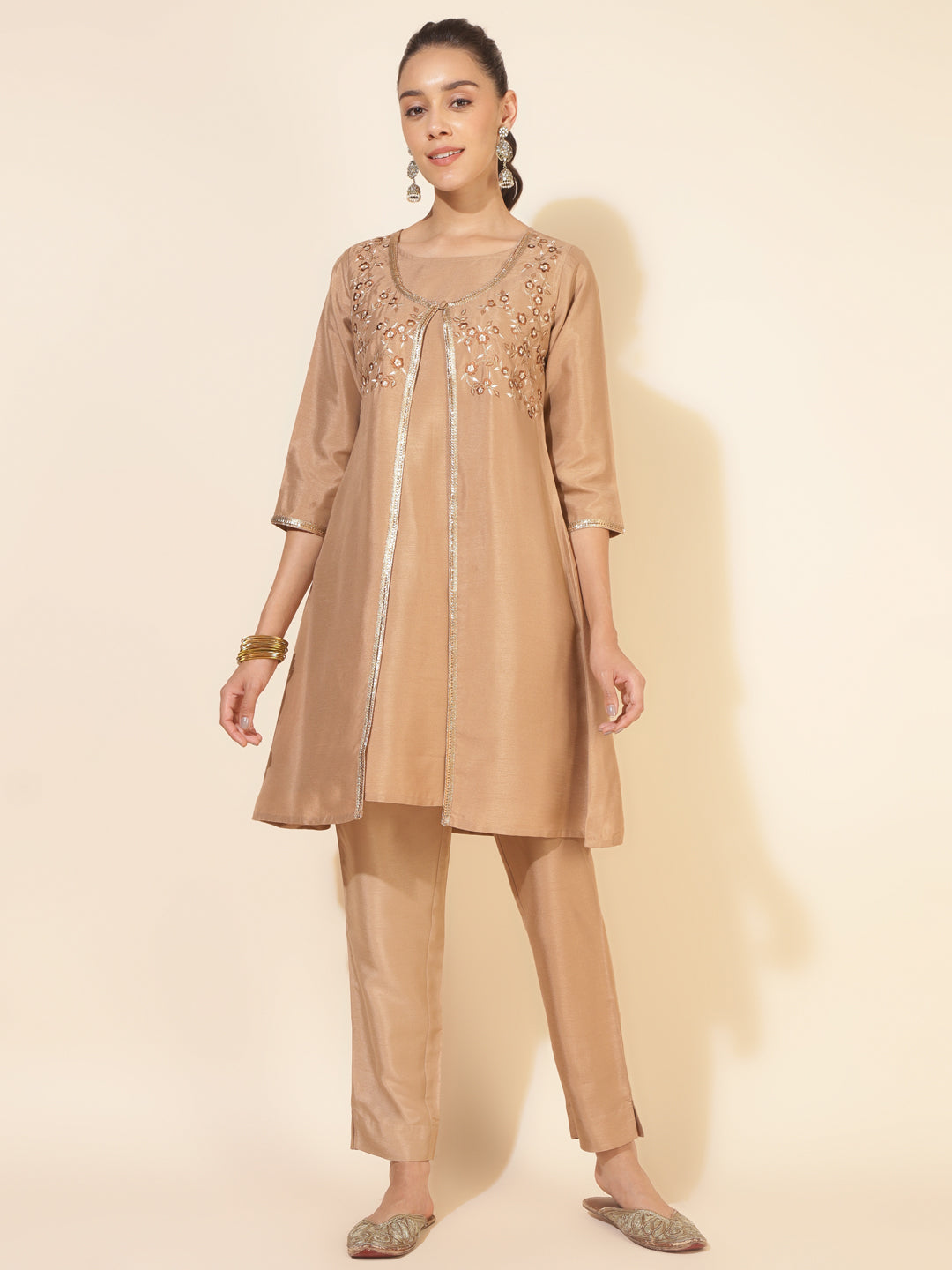 Janasya Beige Crepe Silk Embellished Set | Grocsy