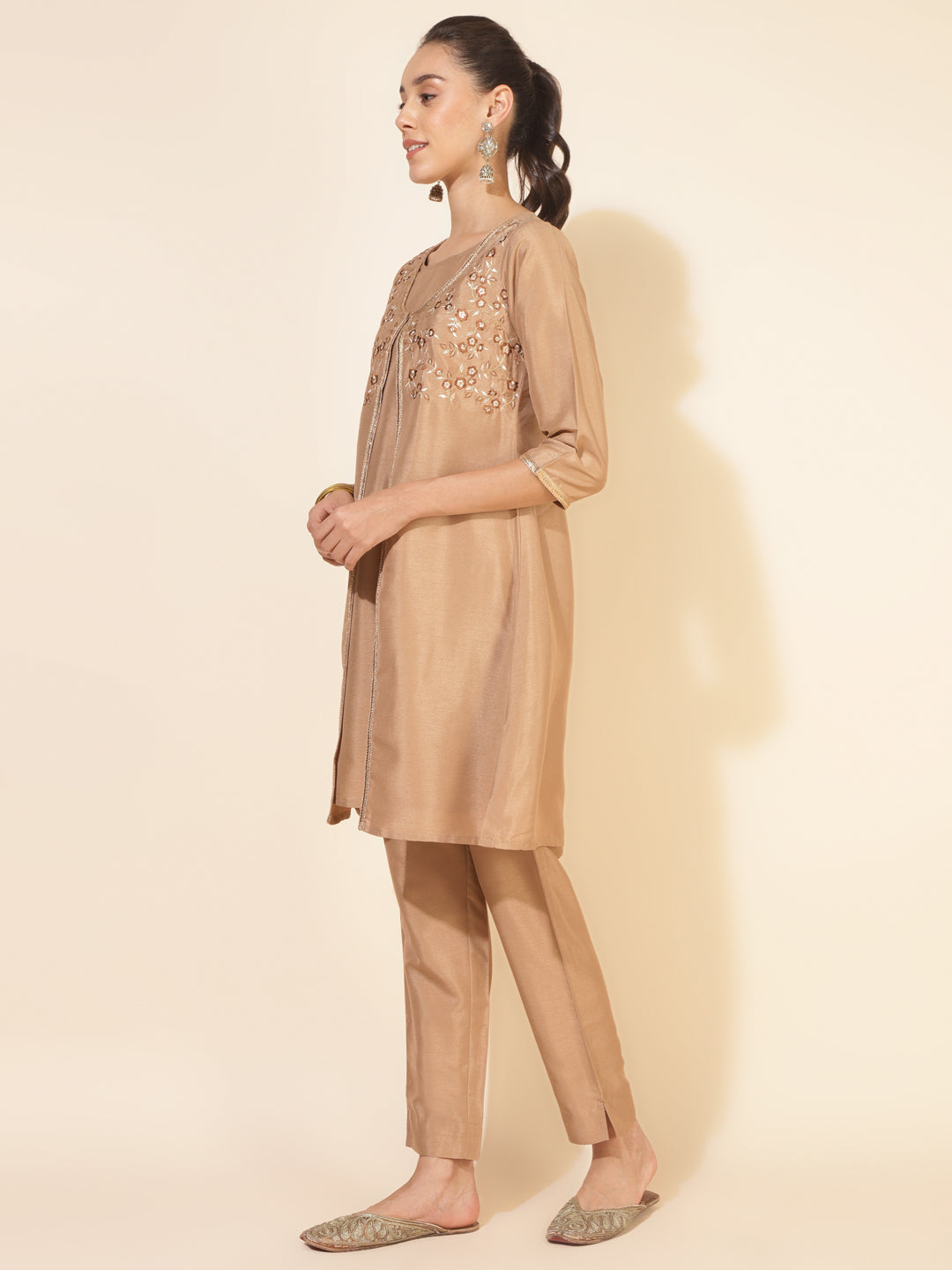 Janasya Beige Crepe Silk Embellished Set | Grocsy