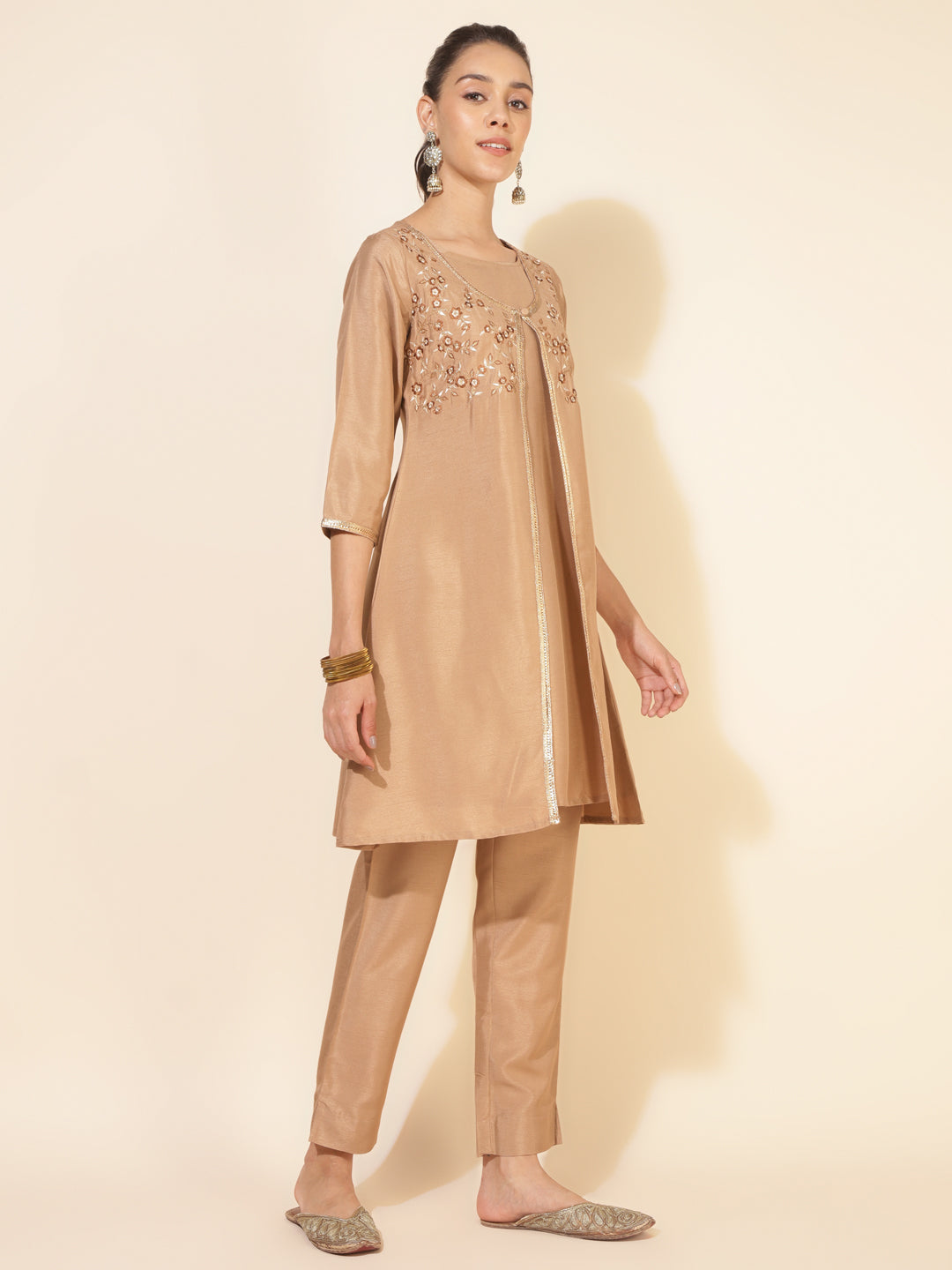 Janasya Beige Crepe Silk Embellished Set | Grocsy