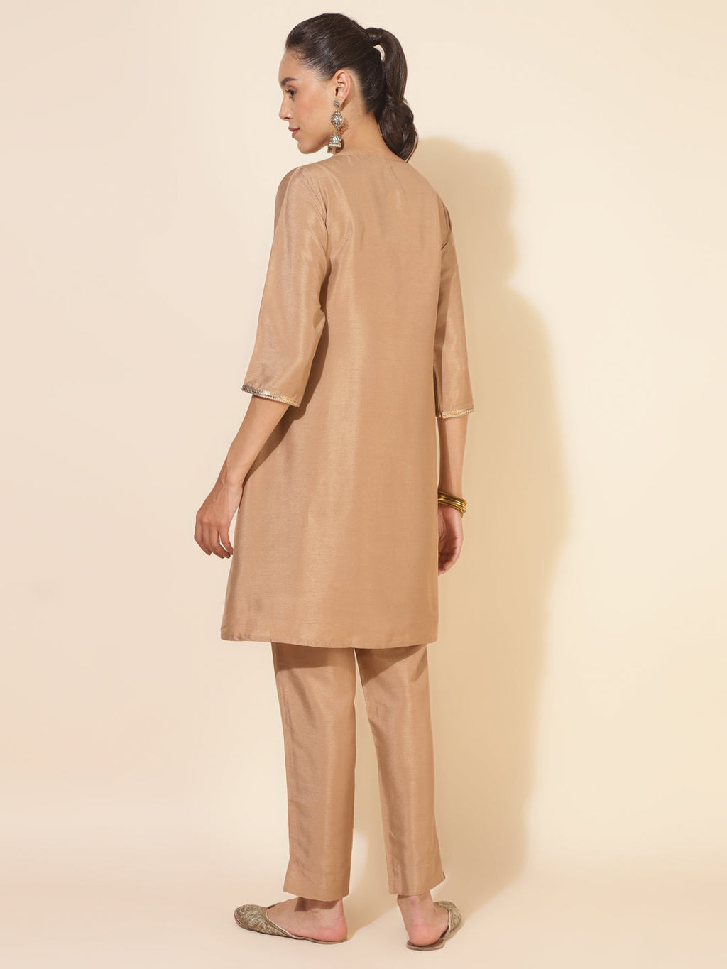 Janasya Beige Crepe Silk Embellished Set | Grocsy