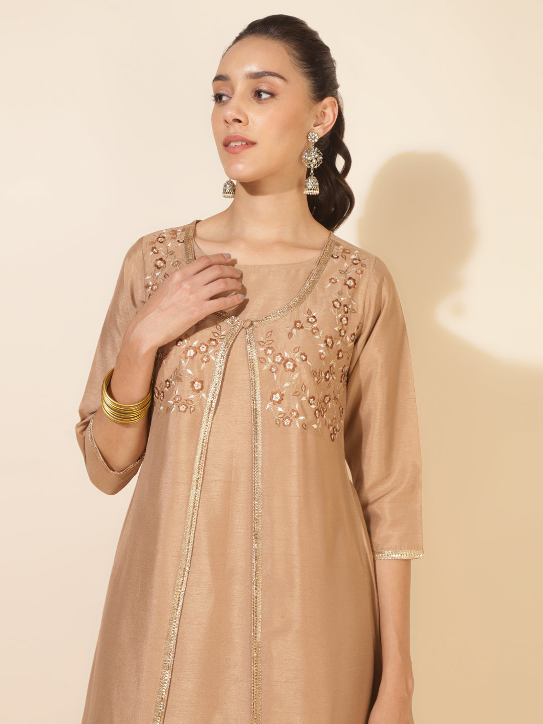 Janasya Beige Crepe Silk Embellished Set | Grocsy