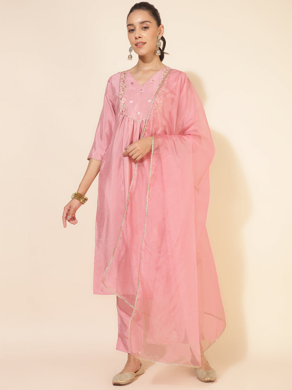 Janasya Pink Crepe Silk Yoke Embroidery Set | Grocsy