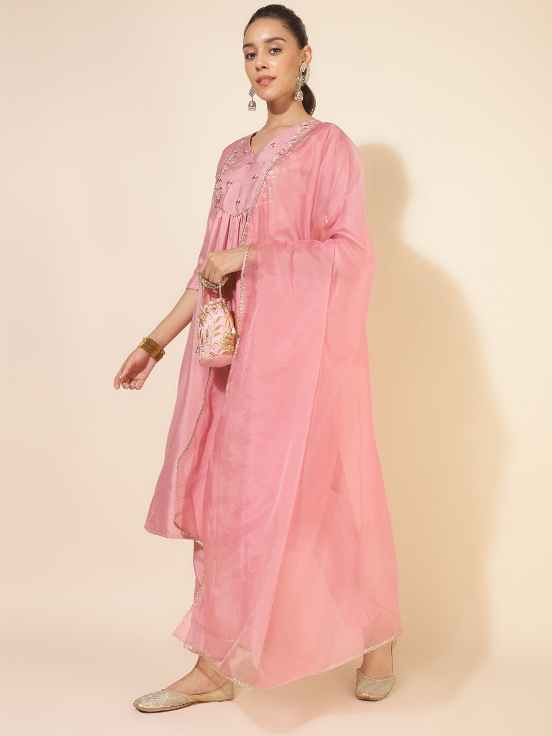 Janasya Pink Crepe Silk Yoke Embroidery Set | Grocsy