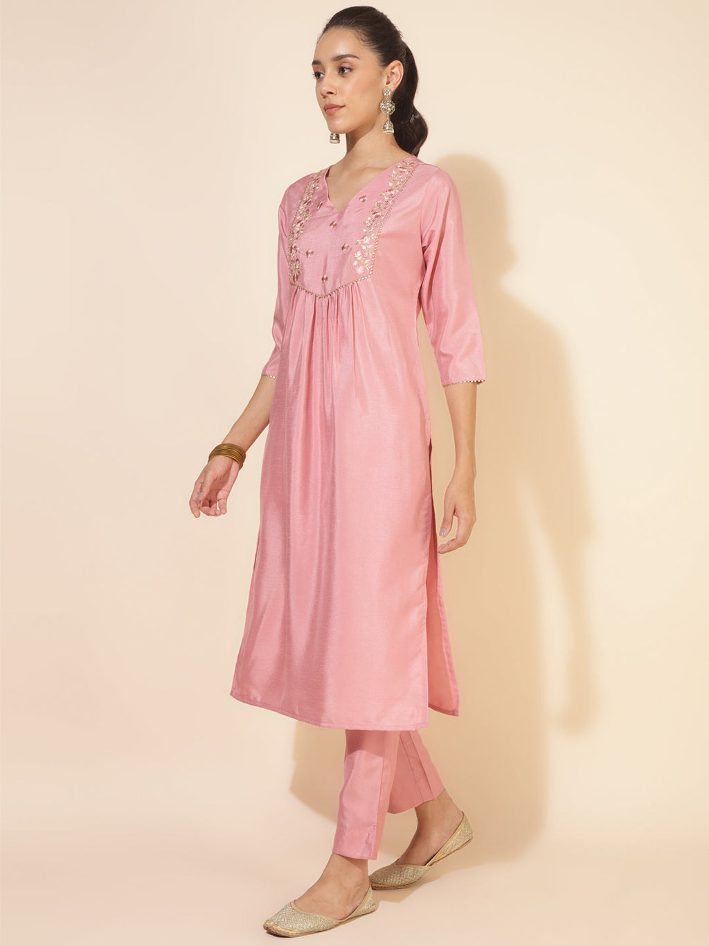 Janasya Pink Crepe Silk Yoke Embroidery Set | Grocsy