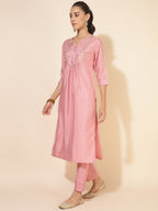 Janasya Pink Crepe Silk Yoke Embroidery Set | Grocsy