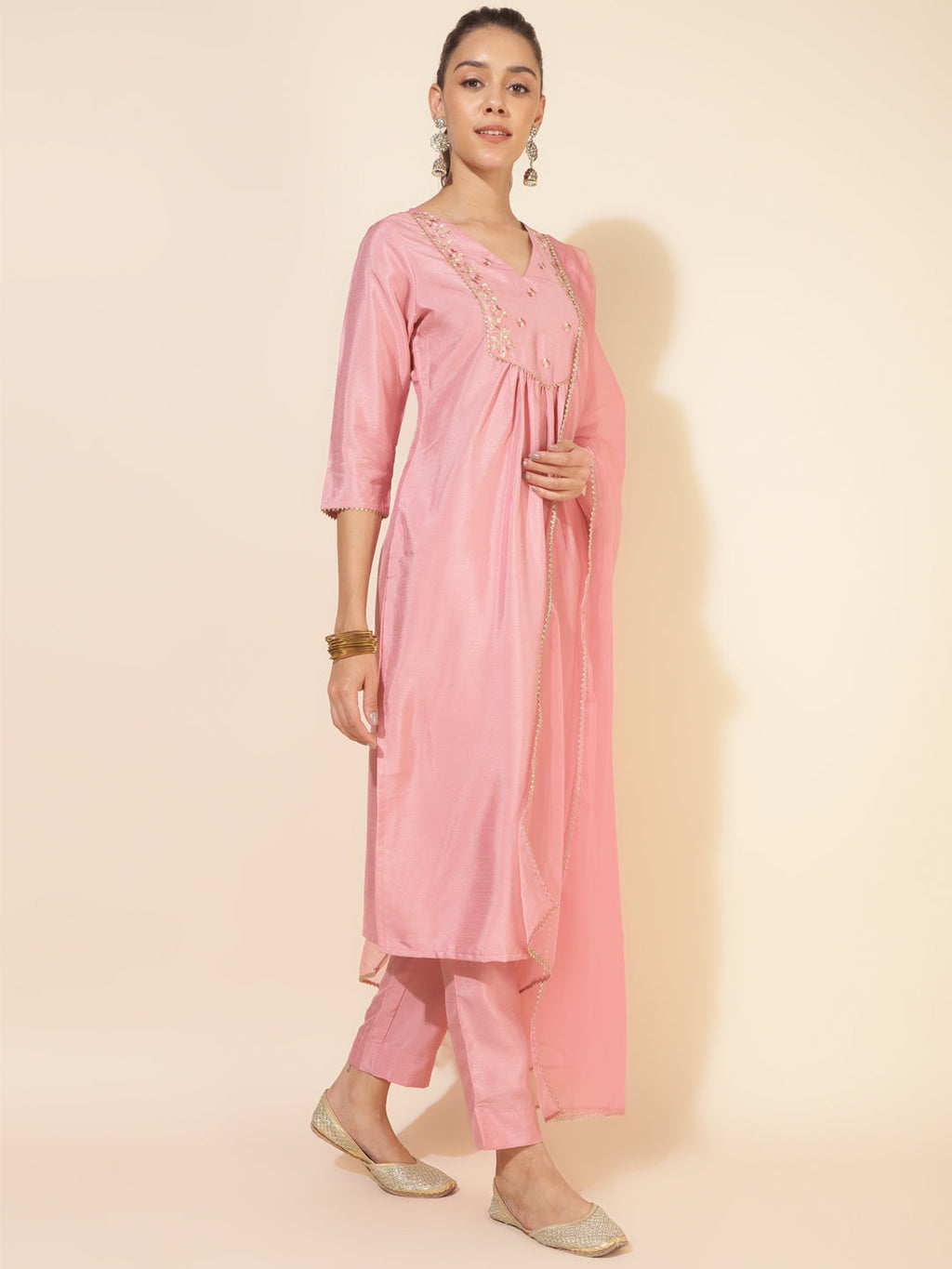 Janasya Pink Crepe Silk Yoke Embroidery Set | Grocsy