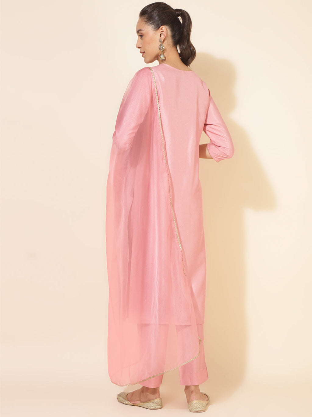 Janasya Pink Crepe Silk Yoke Embroidery Set | Grocsy