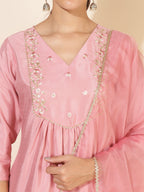 Janasya Pink Crepe Silk Yoke Embroidery Set | Grocsy