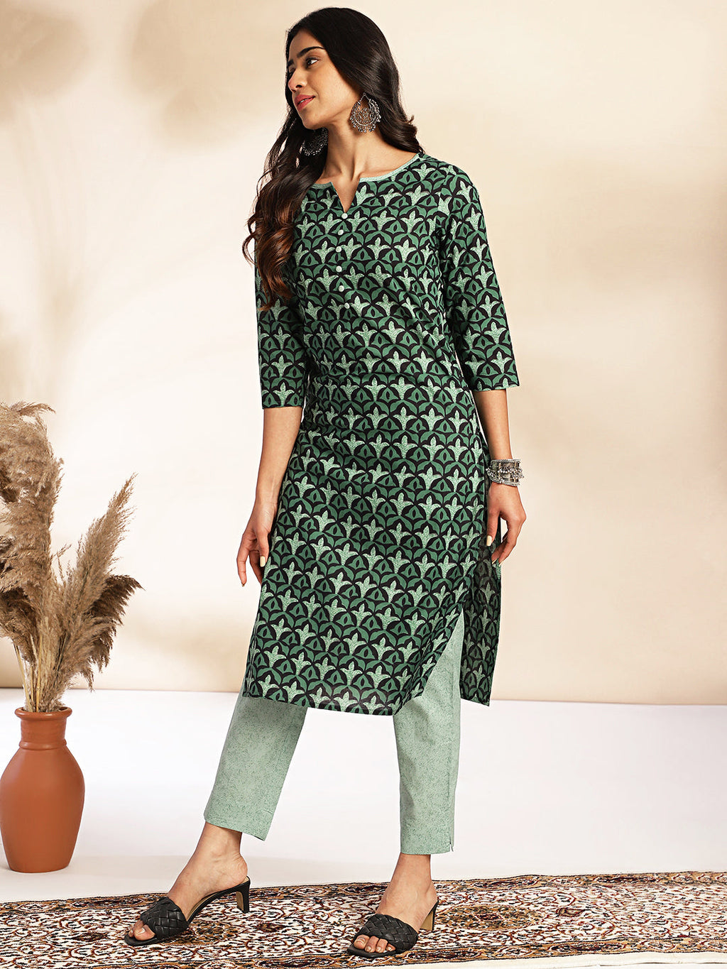 Janasya Green Cotton Printed Sets | Grocsy