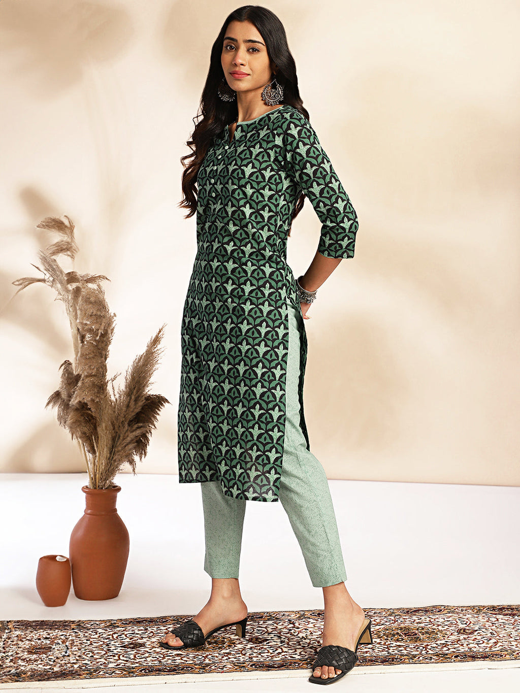 Janasya Green Cotton Printed Sets | Grocsy
